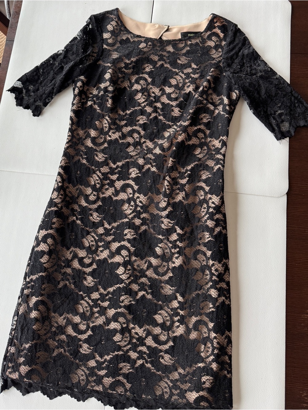 Black Lace Overlay Sheath Dress with Nude Lining